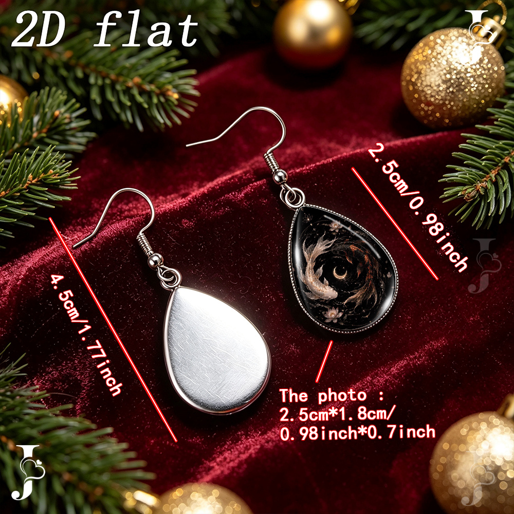 Teardrop Dangle Earrings with Koi Fish & Lotus Swirl Pattern